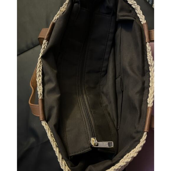 Casual Woven Straw Tote Bag With Brown Faux Leather Handles Summer Beach - Picture 6 of 6